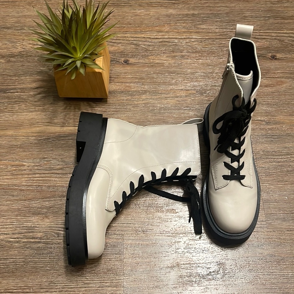 Beige & black lace up boots